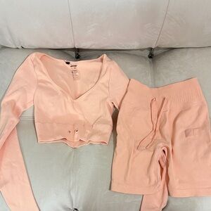 Bo+Tee Peach Ribbed Two-Piece Set - Long Sleeve Crop Top & Shorts